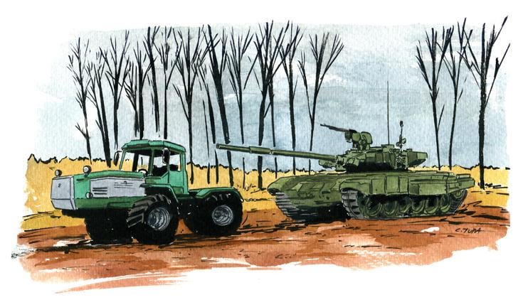 Painting of an Ukrainian tractor with captured Russian T90