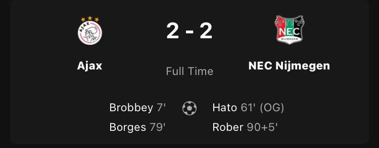 Ajax cant exit bad spell after late minute NEC goal: 2-2