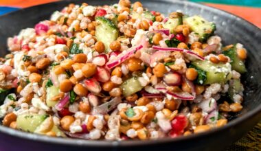 Lentil salad with pearl barley, cucumber, pomegranate seeds, red onion, feta cheese, balsamico bianco, salt, flat parsley and thyme.