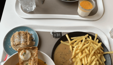 [France] Husband's Canteen Lunch -- I had lunch too! Beef Saute, Cream of Sweet Potato Soup, Fries, Hazelnut Millefeuille, and Passionfruit Panna Gotta