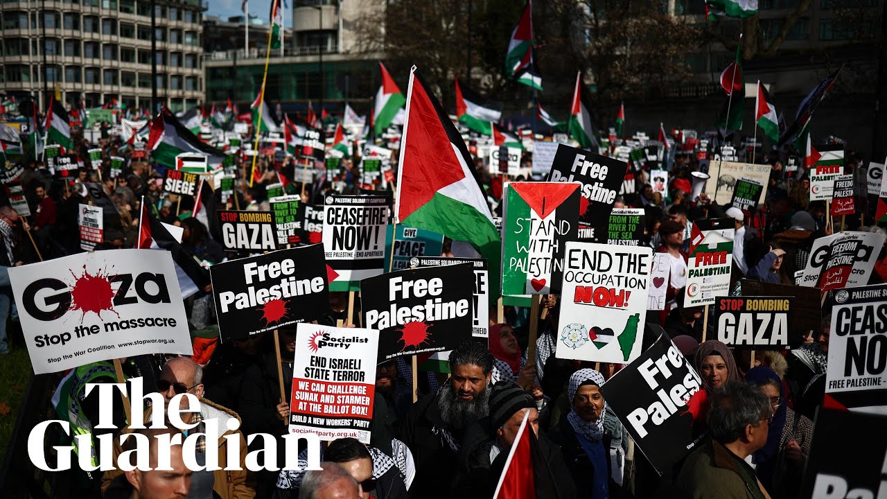 Tens of thousands of people march through London calling for Gaza ceasefire