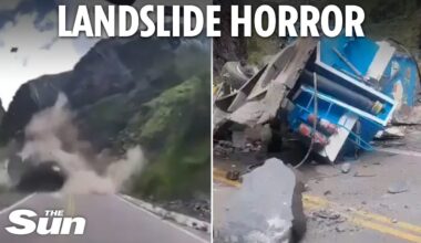 Terrifying moment giant boulders CRUSH two lorries in horrifying landslide