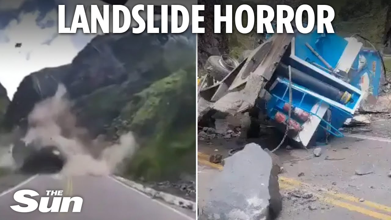 Terrifying moment giant boulders CRUSH two lorries in horrifying landslide