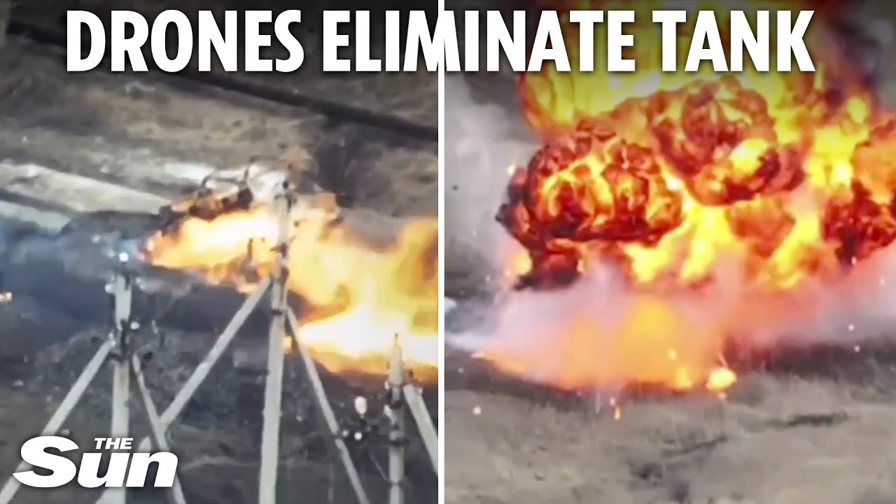Ukrainian kamikaze drone blows up £1m Russian tank leaving just a smouldering shell