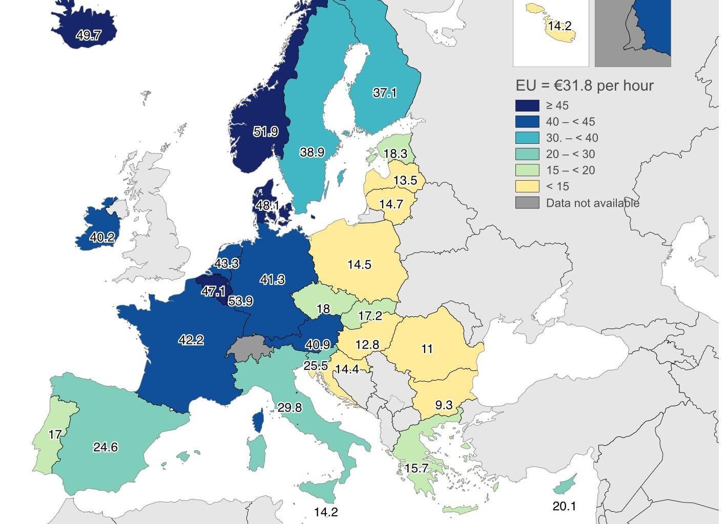 Costes laborales por hora en Europa en 2023