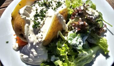 Jacket potato with plenty of dip, along a mixed salad; and spaetzle with a side salad; Reichenau, Lake Constance
