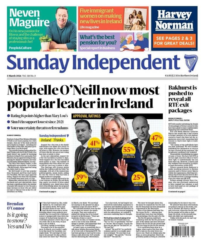 Interesting poll from the Sunday Independent - Michelle O’Neill most popular leader in Ireland