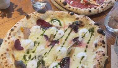 White Pizza with Goat Cheese, Thyme, Red Beets, Pears, and Honey