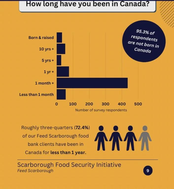 Over 95% of users of the Feed Scarborough [city in ontario, canada] food bank report they were not born in Canada.