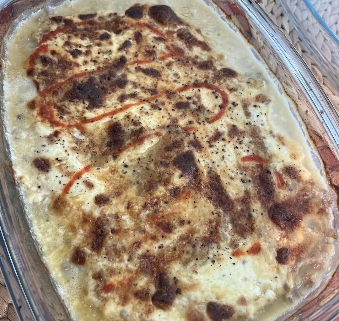 Moussaka my style. ( no aubergines. Mix of grounded pork and beef, onions, garlic, chiken broth)