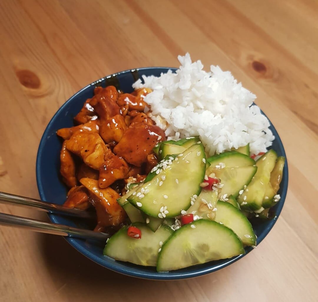 repost, since it accidentally got deleted: korean style chicken with spicy cucumbers and steamed rice