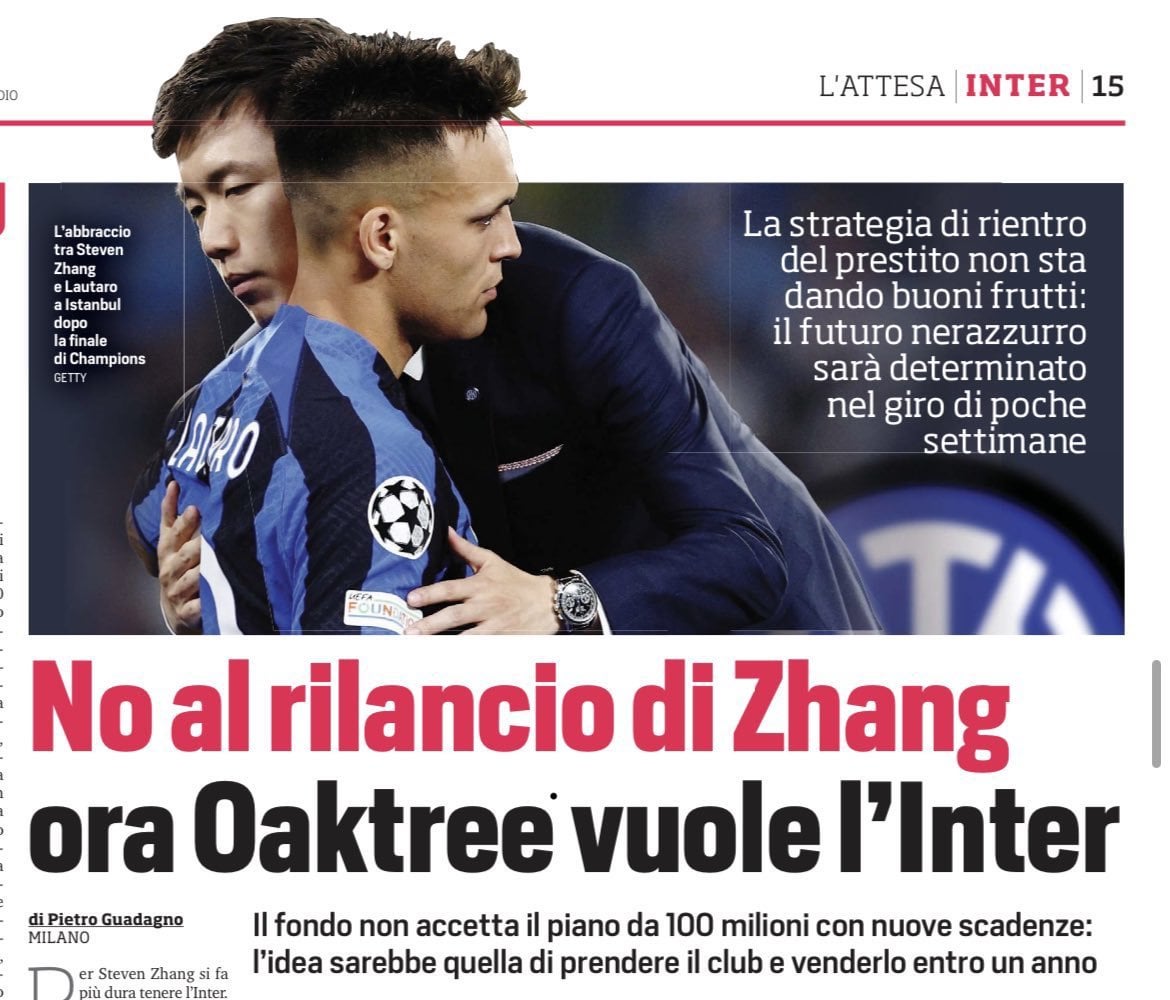 [CdS] The American fund Oaktree has rejected (for now) Steven’s Zhang proposal to renew the loan. The fund would be gearing up to take over the company and make it more attractive by intervening in the accounts, and then immediately put Inter the market.