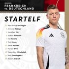 Aufstellung Deutschland-Frankreich: ter Stegen - Kimmich, Rüdiger, Tah, Mittelstädt - Andrich, Kroos, Musiala, Gündogan, Wirtz - Havertz
