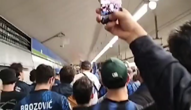 Inter fans marching towards the Cívitas Metropolitano in Madrid