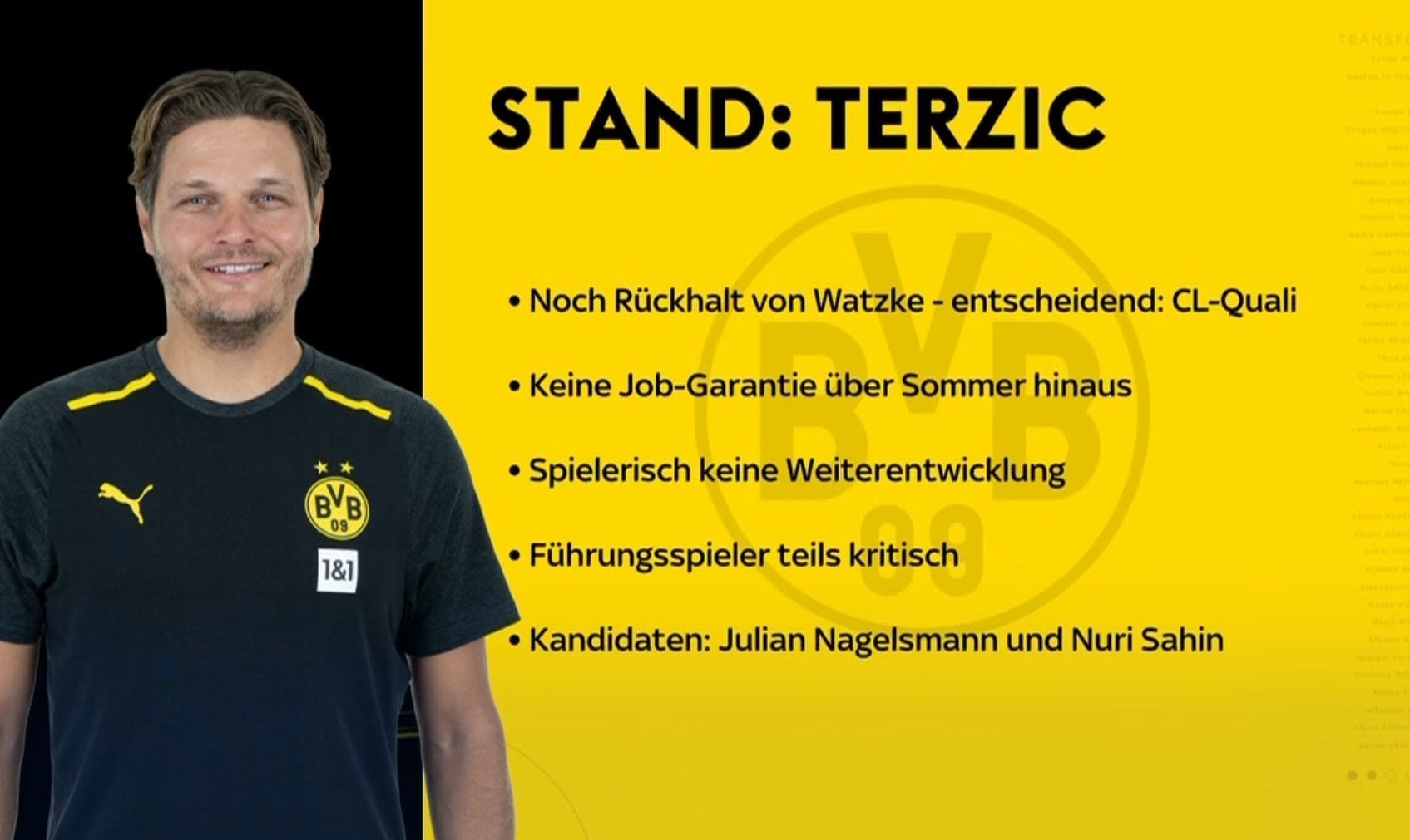 Edin Terzic hat zwar noch den Rückhalt von Hans-Joachim Watzke, aber Terzic hat keine Jobgarantie über den Sommer hinaus. Vor allem, weil es auf fußballerischer Ebene keine Weiterentwicklung gibt. Einige der Führungsspieler stehen dem Trainer kritisch gegenüber.