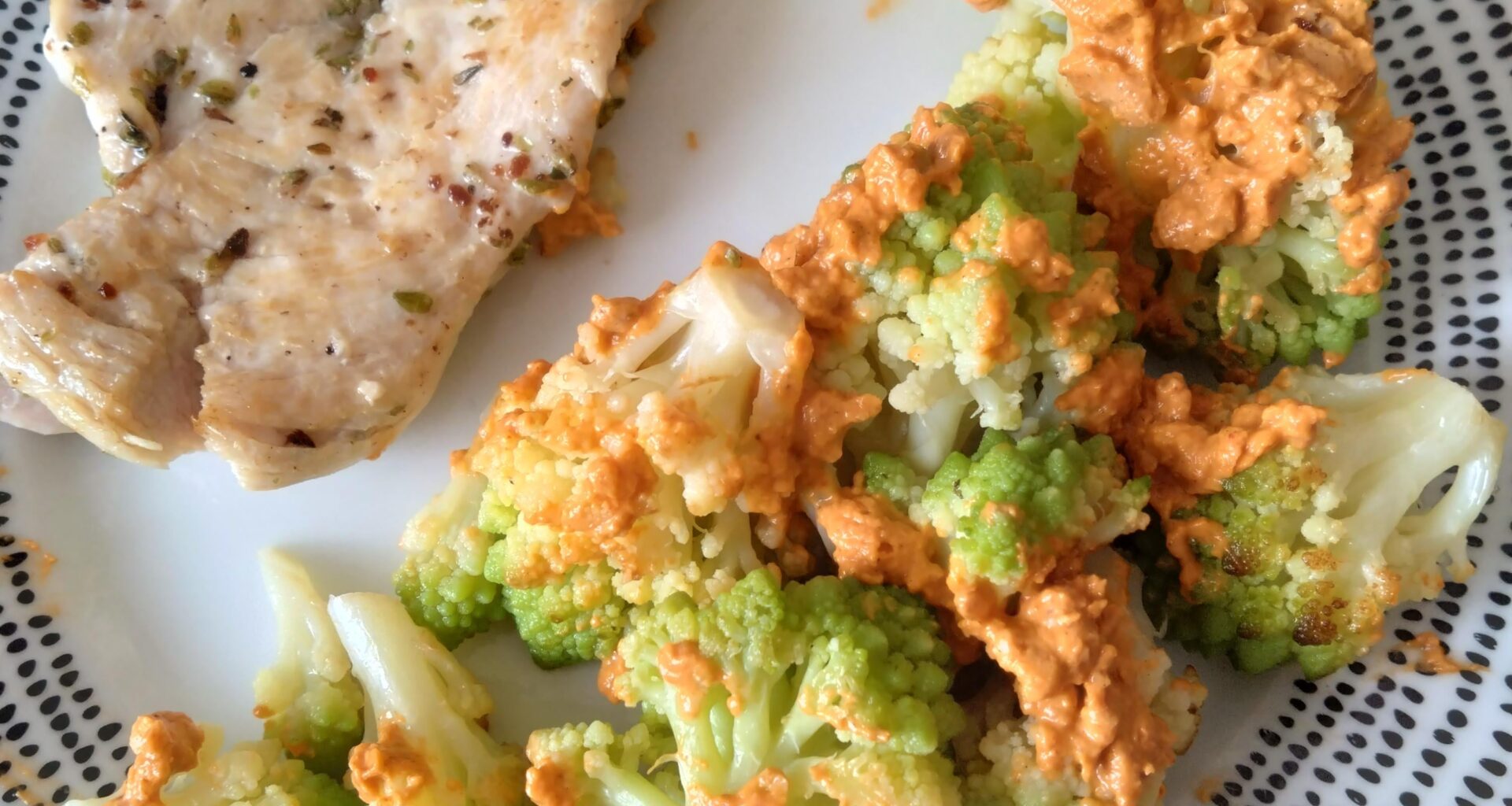 Chicken and romanesco with romesco sauce