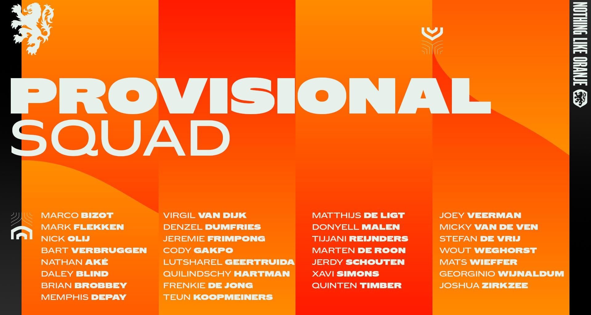 Oranje's provisional squad for friendlies against Scotland and Germany
