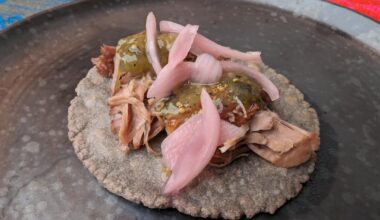 Homemade blue corn tacos with turkey, salsa verde and pickled red onions.