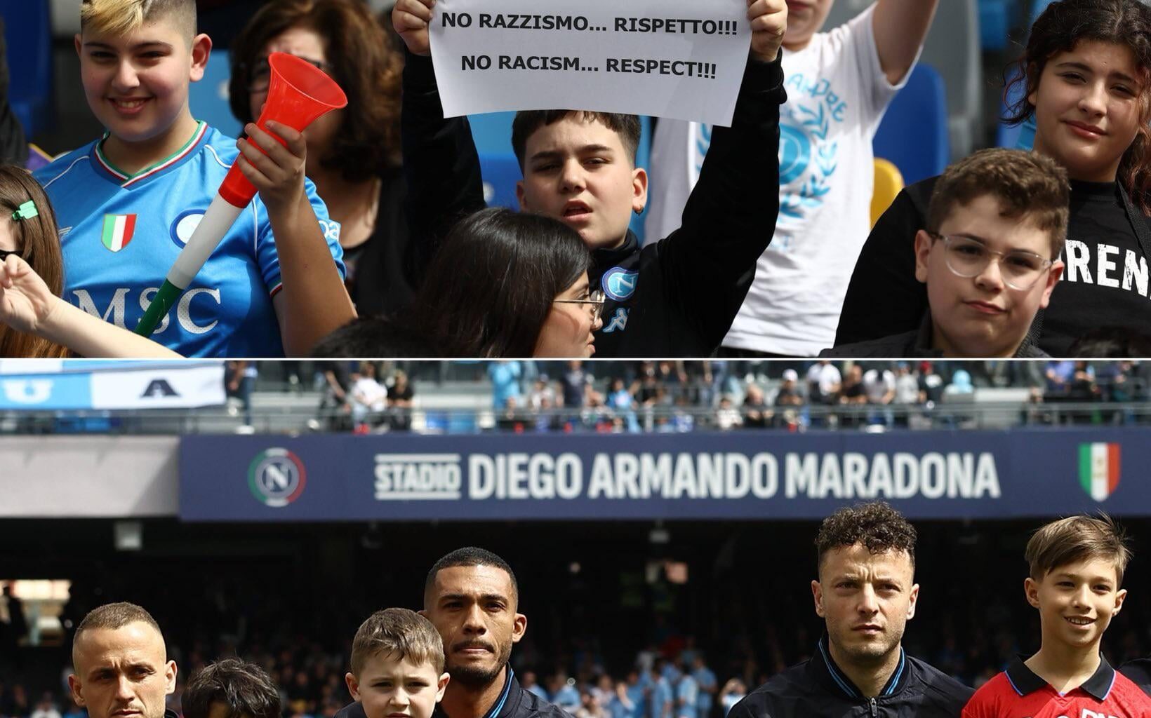 [IFTV] Napoli take a knee to show their support for Juan Jesus while young fans at the Maradona hold signs in support