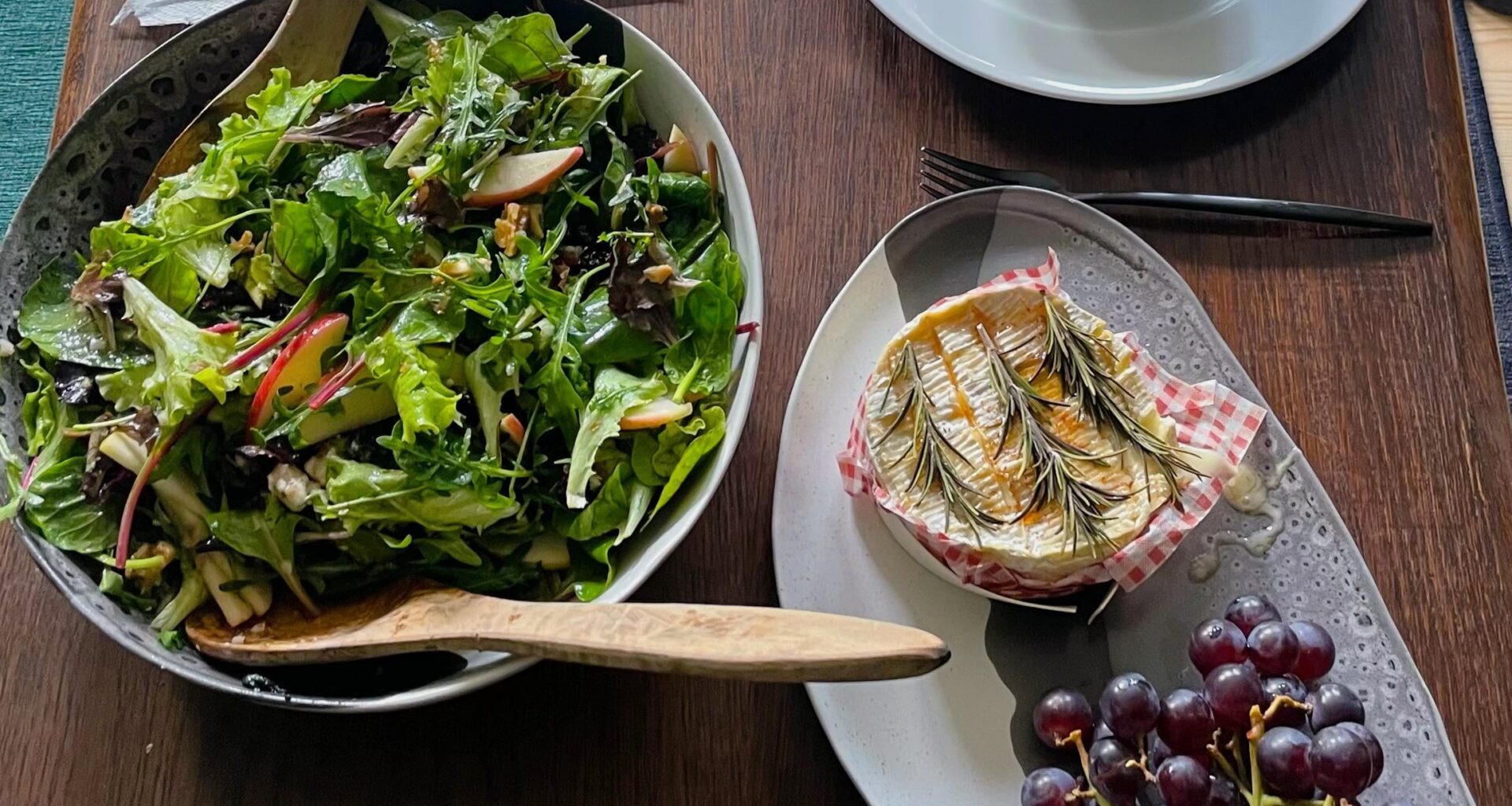 Pumpkin Soup, Baked Camembert, and Apple Walnut Salad