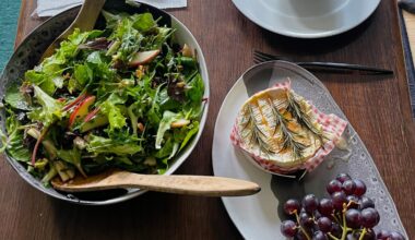 Pumpkin Soup, Baked Camembert, and Apple Walnut Salad