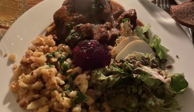 Gulasch, Spätzle, and Salad