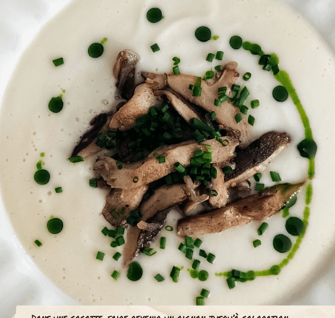 Velouté topinambour, shiitake sautés, huile verte d'aneth