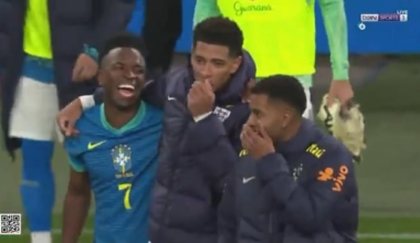 Real Madrid players (Bellingham, Vinicius, Rodrgyo) congratulating Endrick on his first goal for the Brazil NT in the post match event.