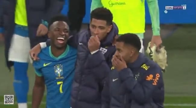 Real Madrid players (Bellingham, Vinicius, Rodrgyo) congratulating Endrick on his first goal for the Brazil NT in the post match event.