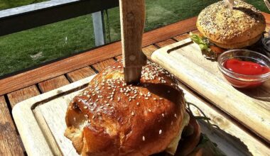 Beef Burger (minced beef, cheese, tomatoes, gherkins, melted onions, rocket) with a side salad; and a Vegan Burger (with a cauliflower patty, lettuce, tomato, cucumber, sprouts and chive cream) with fries; served at the lake near Radolfzell, Germany