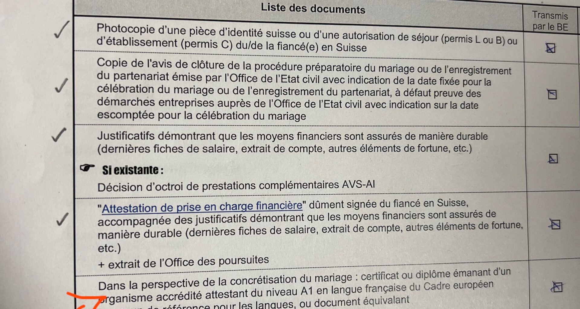 Can someone help me explain the following document required for “Séjour en vue de mariage”