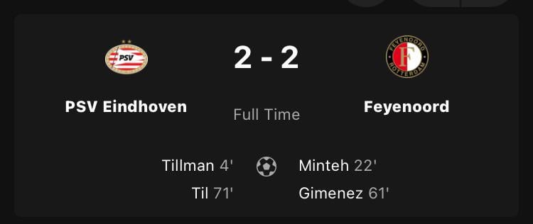 PSV and Feyenoord stay level in tense match as an invincible season for PSV is still possible: 2-2