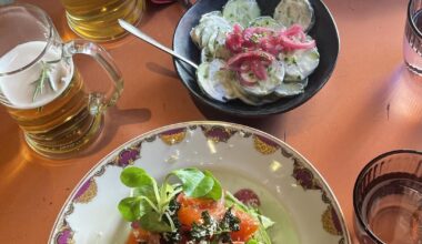 Smoked Salmon, Kale, and Beetroot Salad and Flammkuchen in Helsinki