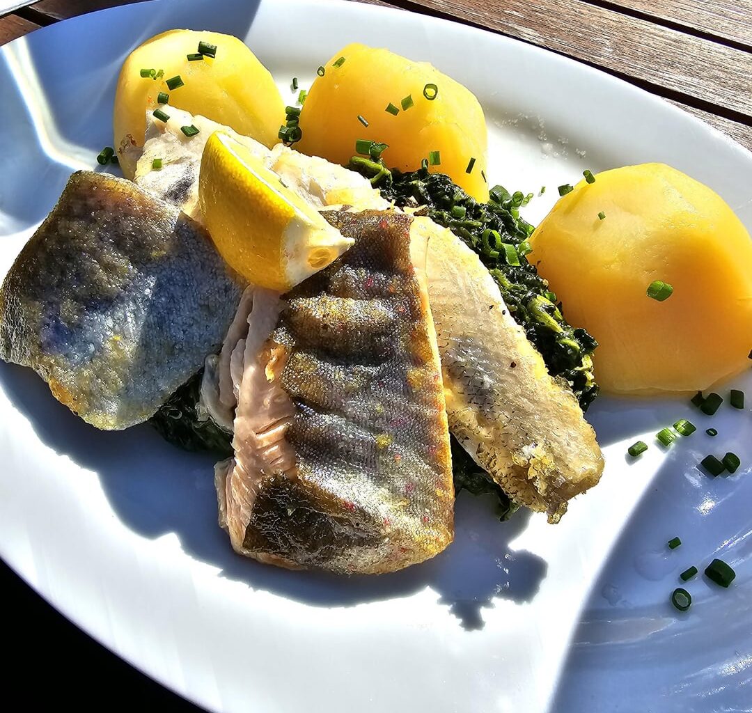 Fillets of zander, trout and char with spinach and boiled potatoes, served on today's sunny day in spring on the island of Reichenau, Lake Constance, Germany