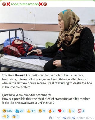 Sur des groupes telegram Israëlien la mort d'enfants par la famine fait l'objet de moqueries. La vidéo du "Flour Massacre" inspire des appels au cannibalisme "tant attendu" et à "l'extermination absolue"