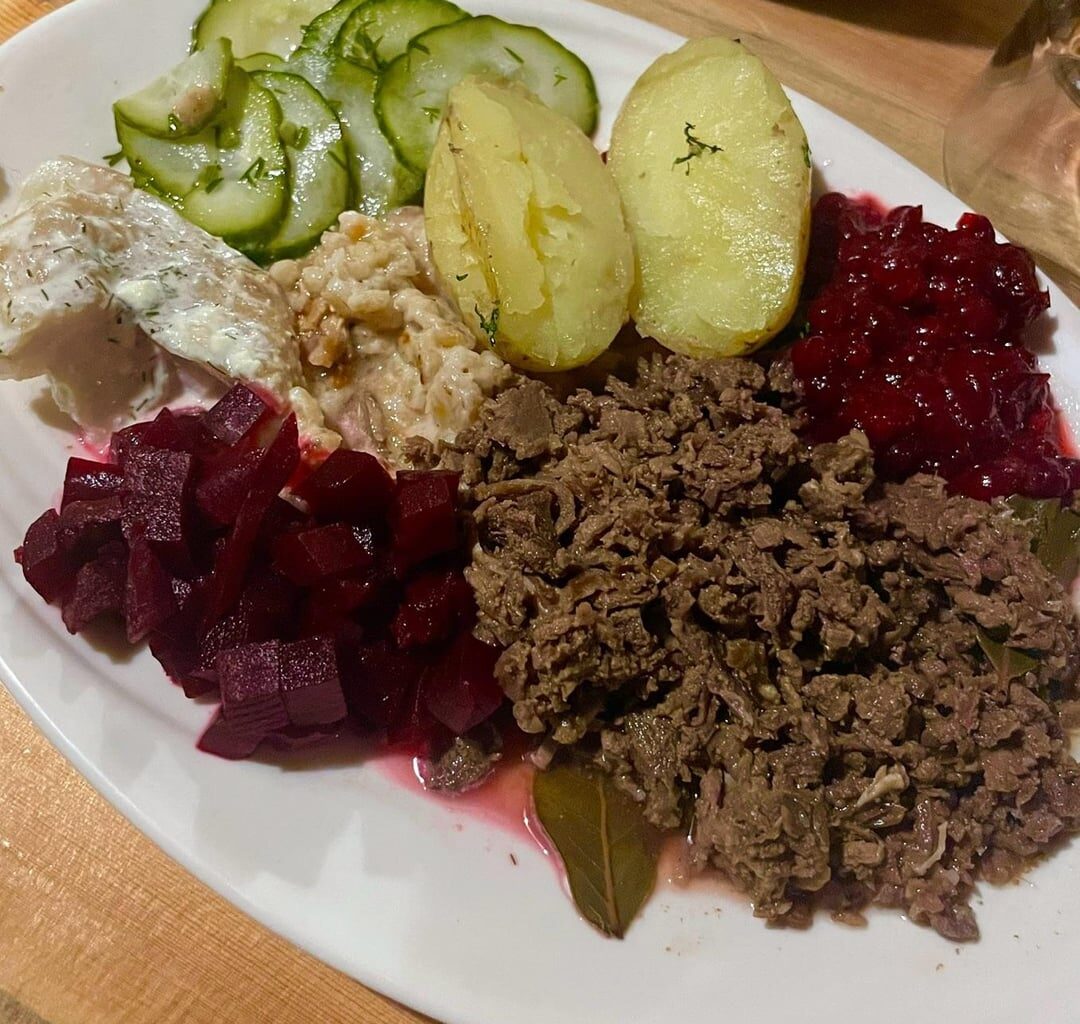 Stewed reindeer with beetroot and lingonberry jam in Helsinki