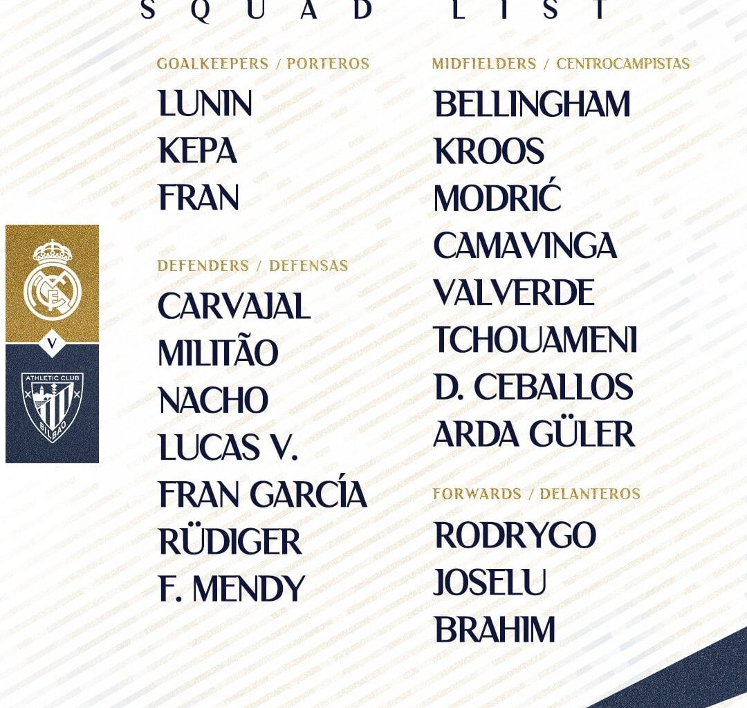 📋✅Our Squad for the match 
🆚  Athletic Club... Militão is back after ACL injury..