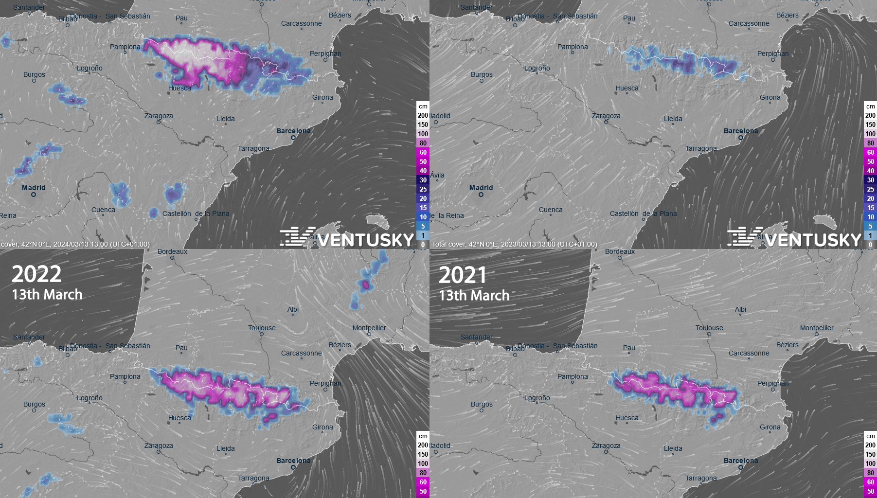 Los Pirineos tienen mucha más nieve que en años anteriores, más de 200 cm en las crestas