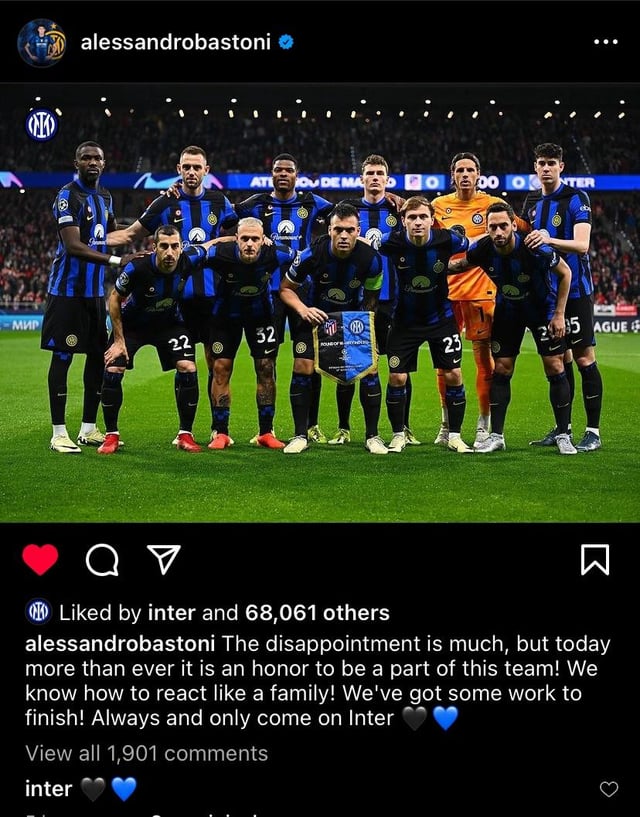 Alessandro Bastoni, Yann Sommer, Hakan Calhanoglu, and Nicolo Barella on Instagram 🖤💙