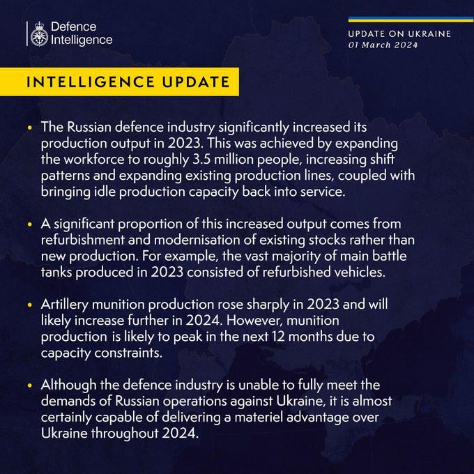 Latest Defence Intelligence update on the situation in Ukraine – 01 March 2024.