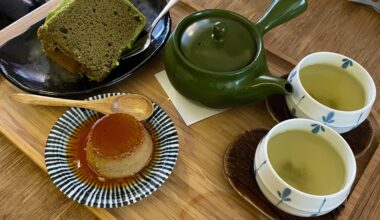 Matcha chiffon cake, roasted tea flan, and green tea in Berlin