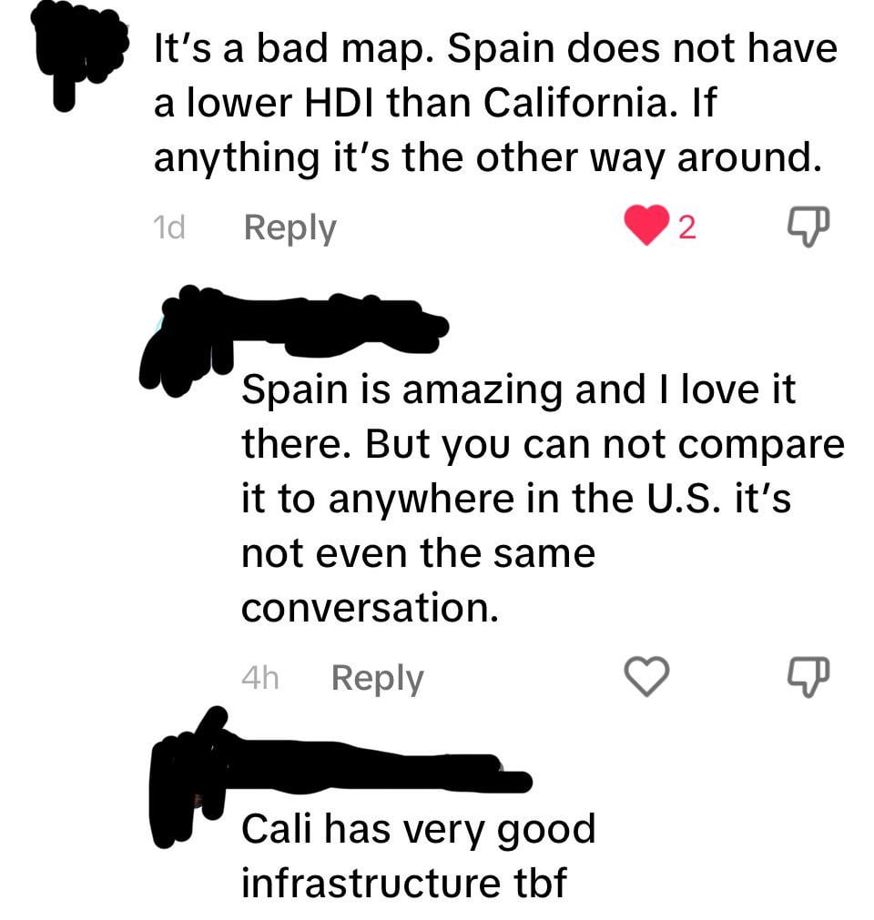 “Pero [en terminos de Índice de Desarrollo Humano (IDH)] no se puede comparar [España] con ningún lugar de Estados Unidos. Ni siquiera es la misma conversación.”
