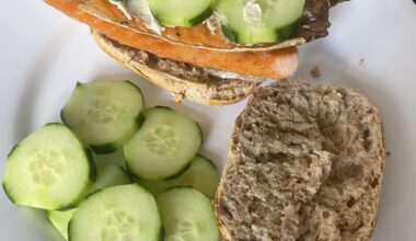 Smoked salmon on bread with cucumber and horseradish