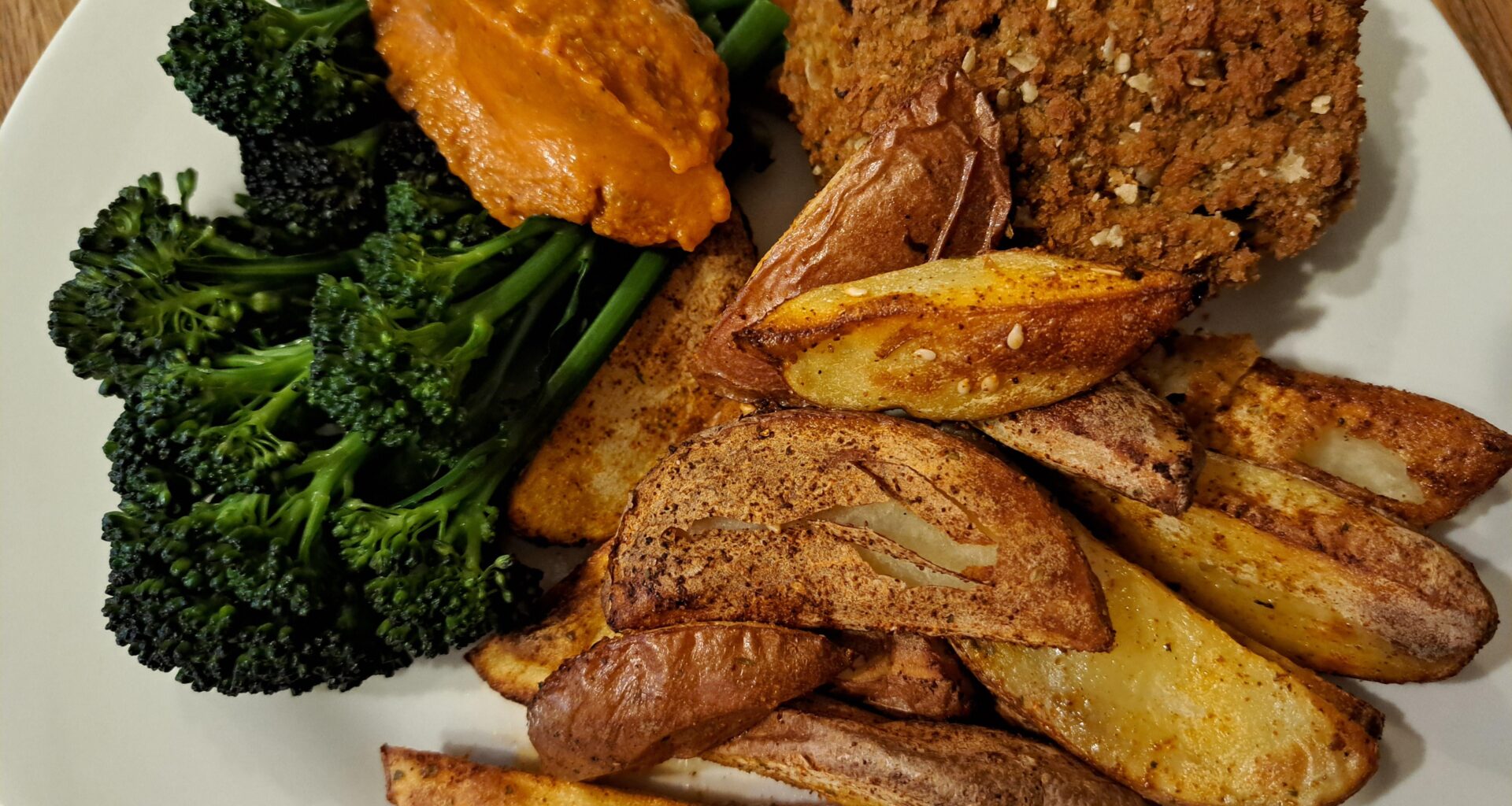 Fish Cake, Spicy Fries & Broccoli with Salsa de Calçots