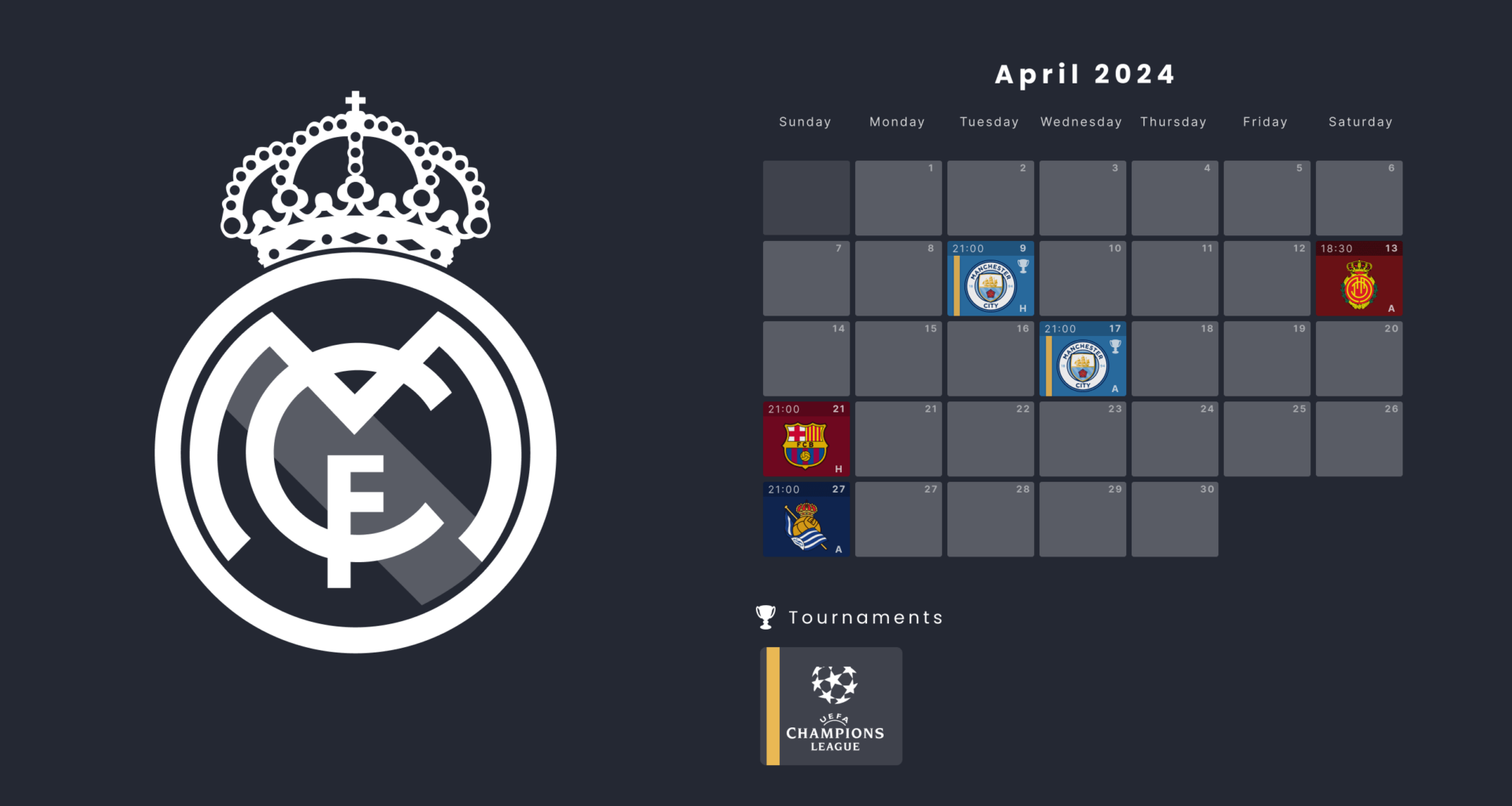 Real Madrid Schedule April 2024 Wallpaper 2560x1440 (EU UTC +1)