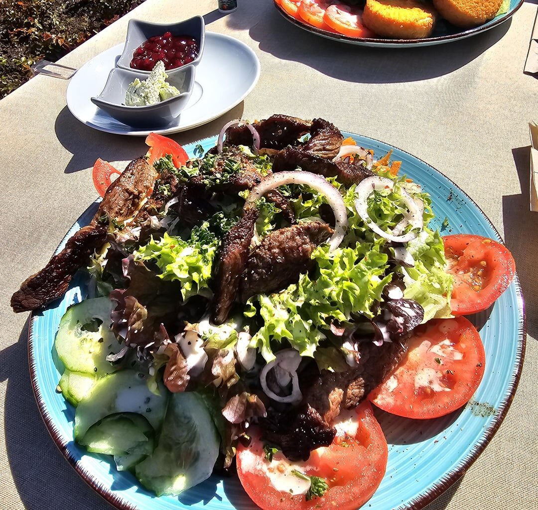 Argentinean beef strips, herb butter, mixed leaf salad with tomatoes, cucumbers, peppers, carrots, onions, pumpkin seeds and baguette; Lake Constance (Germany)