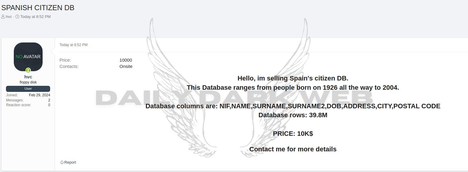 Threat Actor Offers Spanish Citizen Database of 39.8 Million Records at $10,000 - Daily Dark Web