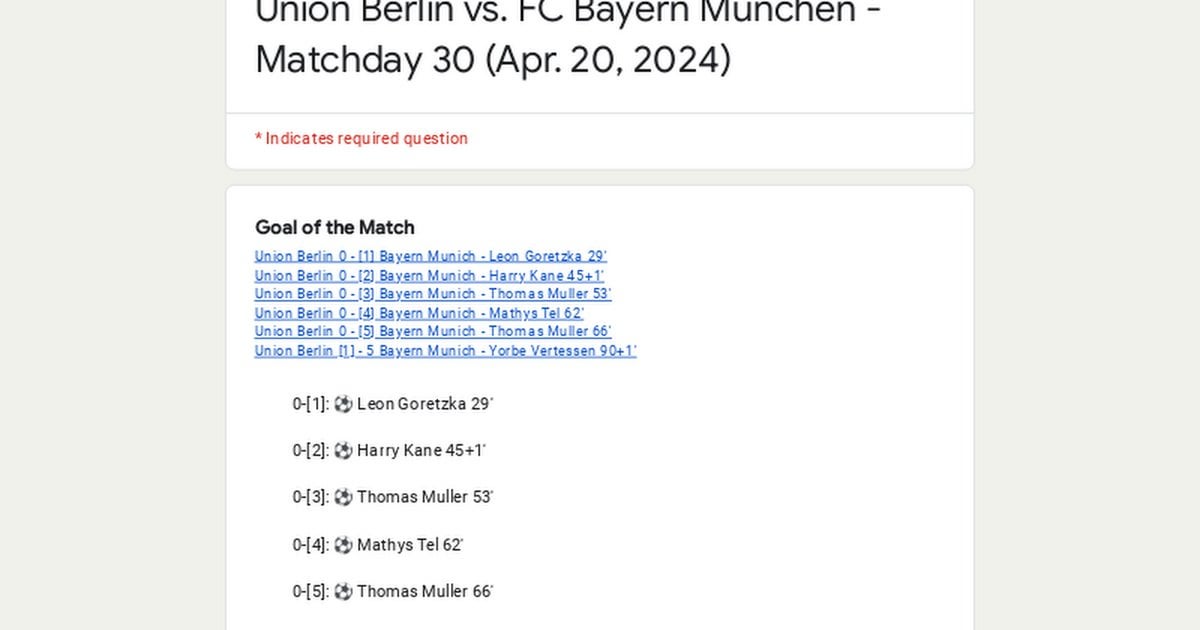 📝 Match Performance Poll: Union Berlin vs. FC Bayern München - Matchday 30 (Apr. 20, 2024)
