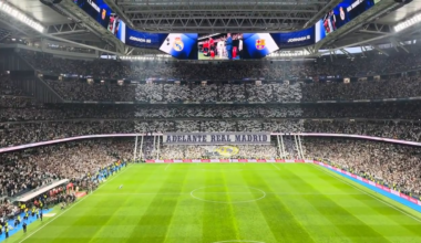 Real Madrid's newly renovated Santiago Bernabeu's atmosphere during El Clasico with the closed roof and the newly working 360 degree massive video screen spanned across the entire stadium.