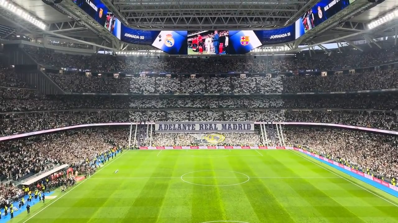 Real Madrid's newly renovated Santiago Bernabeu's atmosphere during El Clasico with the closed roof and the newly working 360 degree massive video screen spanned across the entire stadium.
